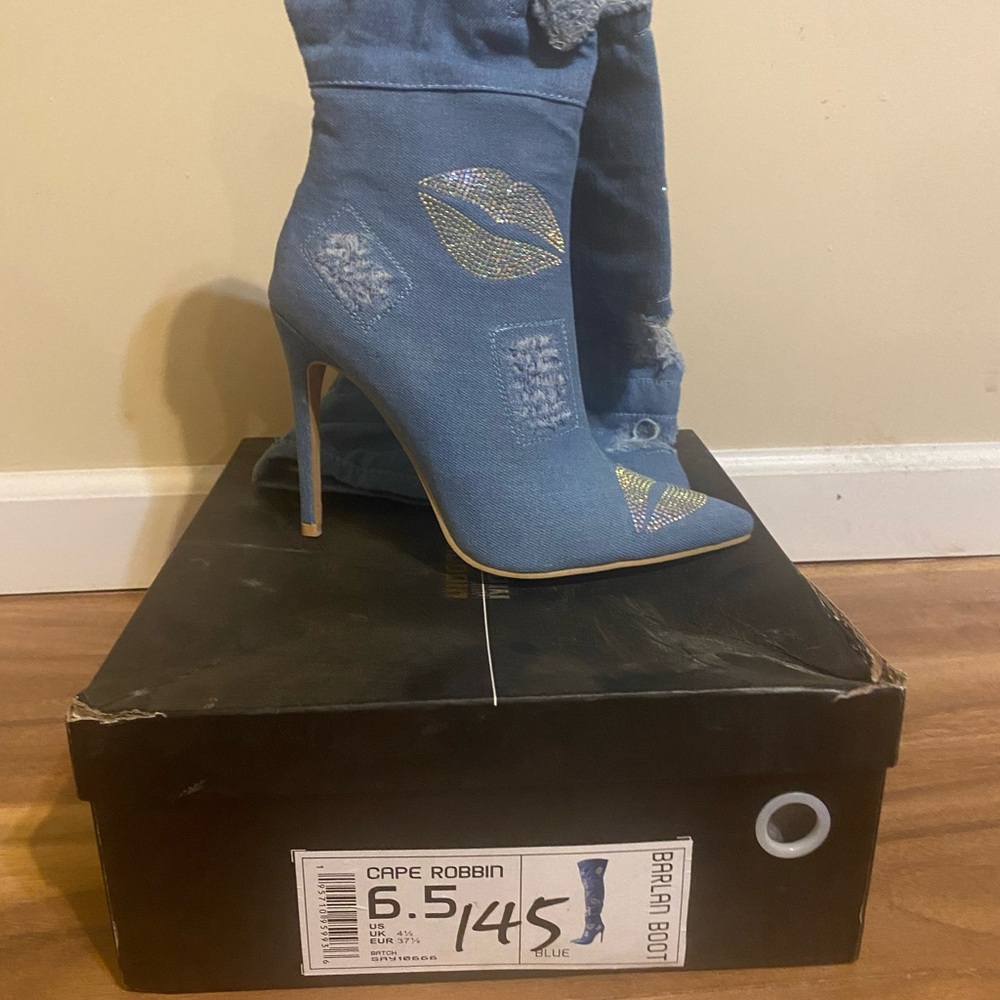 Cape Robbin Blue Denim Embellished Stiletto Boot